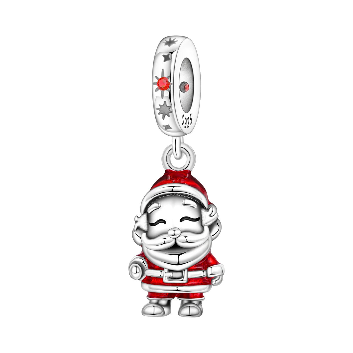 Silver Santa Claus charm with red details on a white background