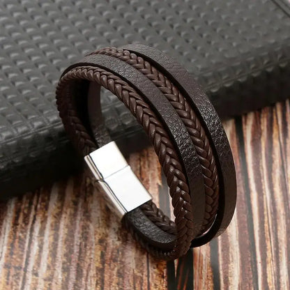 Men’s Multilayer Leather Bracelet | Handwoven Design with Magnetic Alloy Clasp