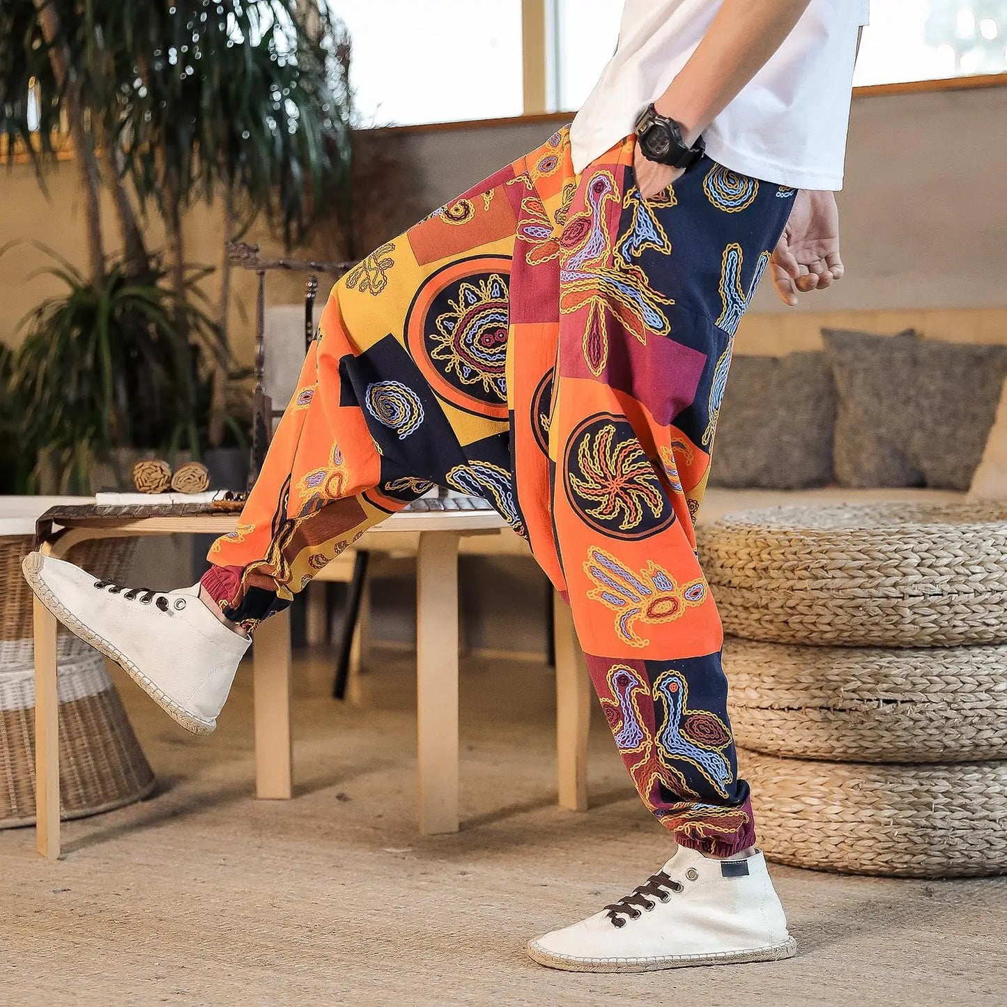 Men Harem Pants Print Retro Drop Crotch Joggers Trousers Men Baggy Loose Nepal Style Men Casual Pants M-5Xl