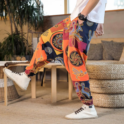 Men Harem Pants Print Retro Drop Crotch Joggers Trousers Men Baggy Loose Nepal Style Men Casual Pants M-5Xl