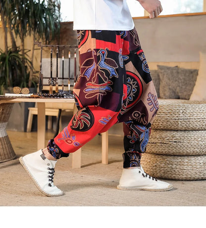 Men Harem Pants Print Retro Drop Crotch Joggers Trousers Men Baggy Loose Nepal Style Men Casual Pants M-5Xl