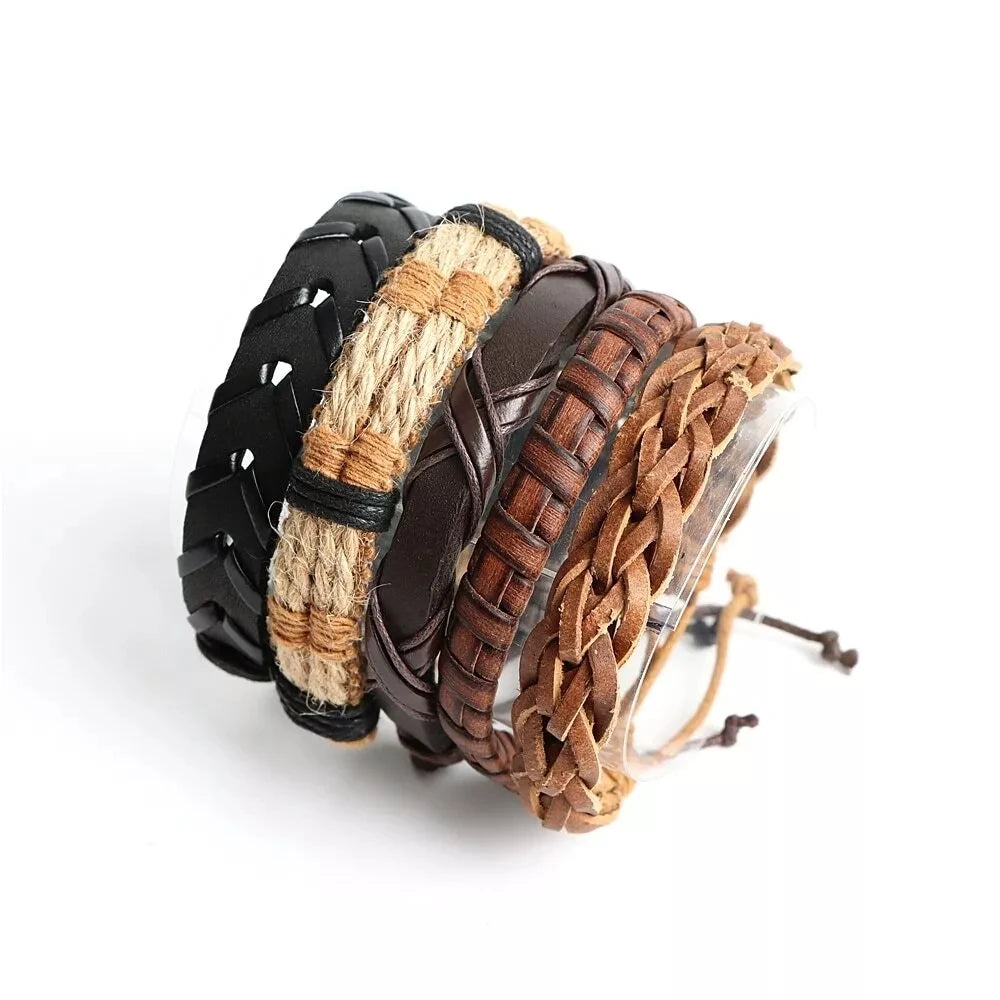 Set of braided leather bracelets on a white background