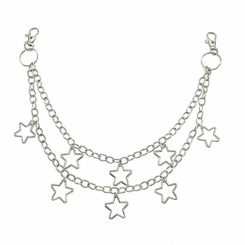 Silver chain with star charms on a white background