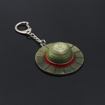 Keychain with a design resembling a traditional Vietnamese conical hat on a black background