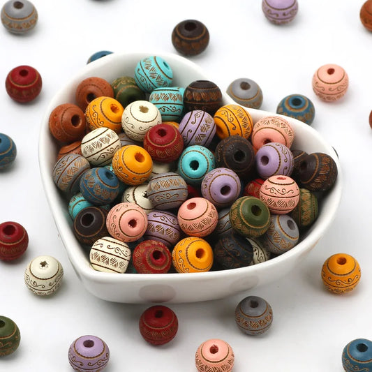 Natural Wood Beads | 10mm Carved Round Wooden Beads | Colorful DIY Jewelry Making & Craft Supplies