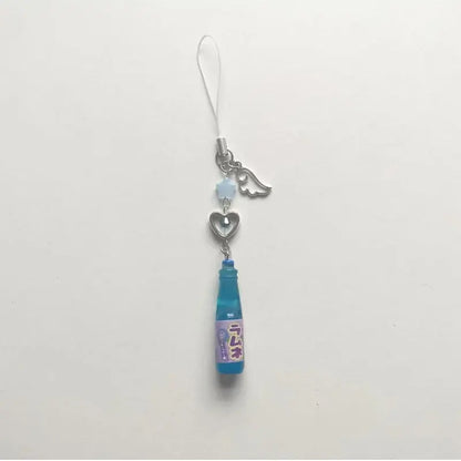 Phone charm with blue bottle and heart-shaped elements on a white background