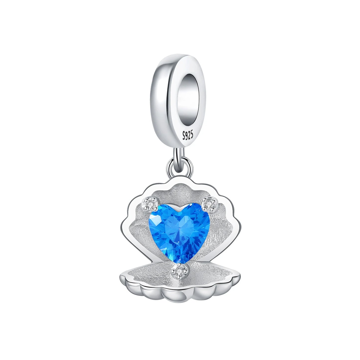 Silver charm with a blue heart-shaped gem in oyster on a white background