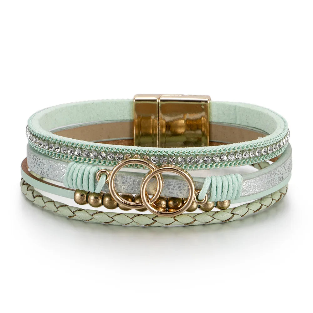 Women's Multilayer Leather Bracelet | Boho Woven Wrap Bracelet | Gold Tone Magnetic Clasp