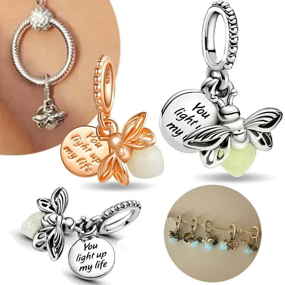 Luminous Firefly Charm Bead | 925 Sterling Silver Pendant | Fits Pandora Style Bracelets | Nature Jewelry Gift for Her