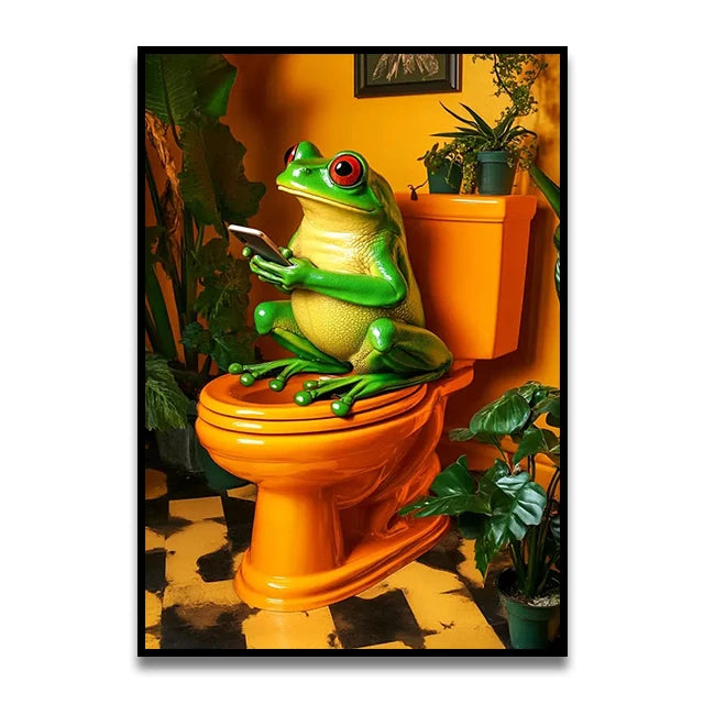 Bathroom Cat Reading on Toilet Canvas Wall Art Print Poster Funny Animal Decor Painting Home Room Decor Gift Unframed