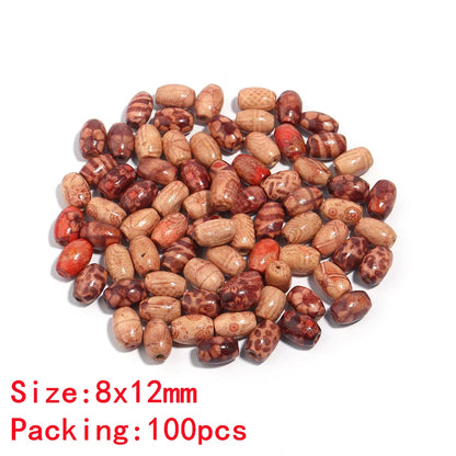 Assorted brown and red beads on a white background with text indicating size and quantity.
