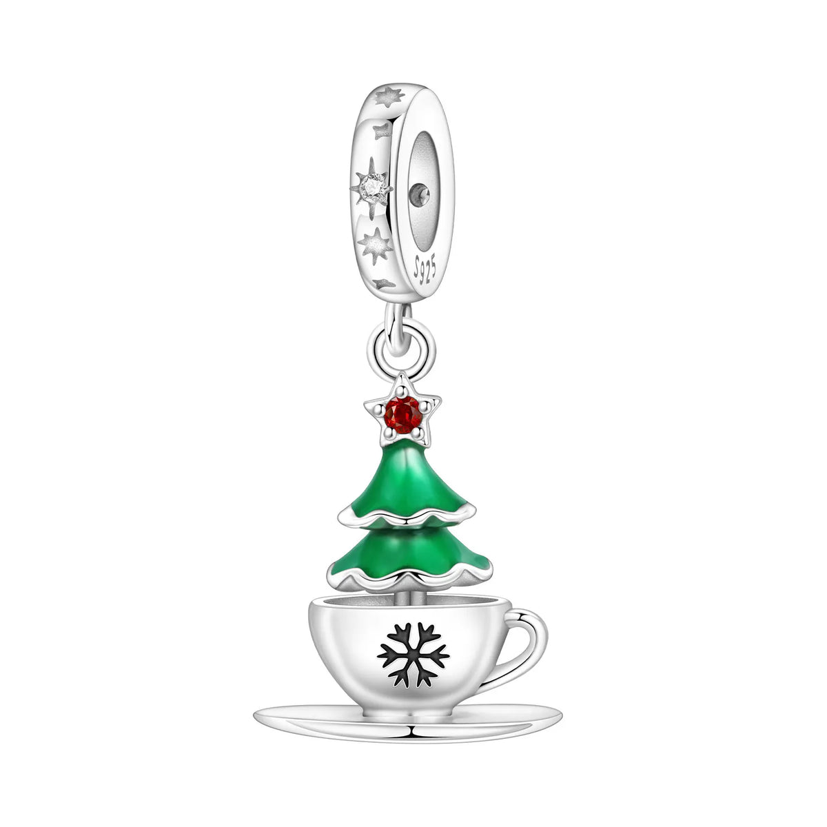 A silver Christmas-themed charm featuring a green tree with a red star, set inside a silver teacup with a snowflake design and a saucer, on a plain white background.