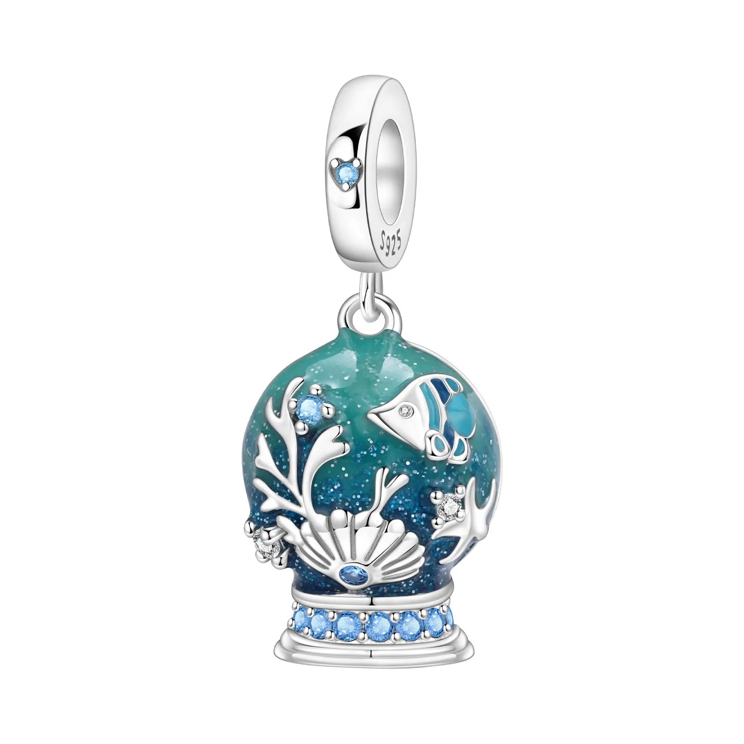 Jewelry charm with blue ocean design featuring a fish and coral on a white background