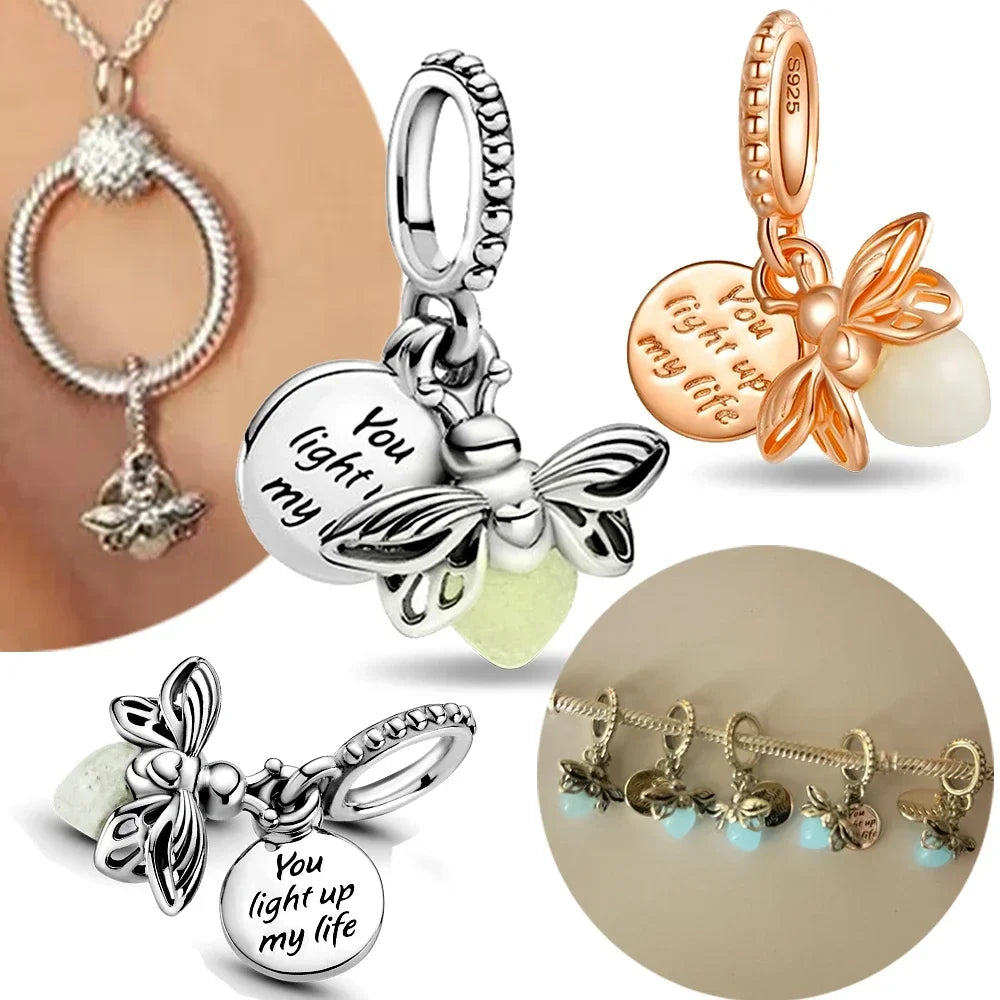 Luminous Firefly Charm Bead | 925 Sterling Silver Pendant | Fits Pandora Style Bracelets | Nature Jewelry Gift for Her