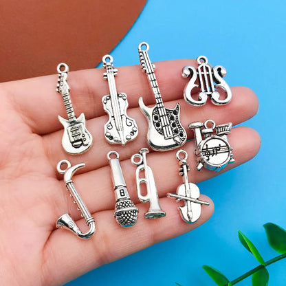 15-Piece Antique Silver Musical Instrument Charms | Guitar, Piano & Violin Pendants | DIY Jewelry Making Supplies