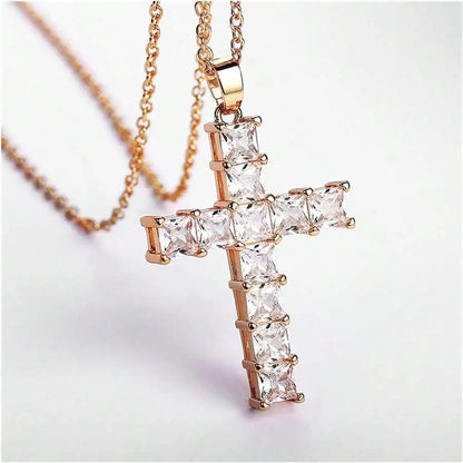 Jesus Cross Necklace | Gold Crystal Cross Pendant for Women | Christian Faith Jewelry Gift