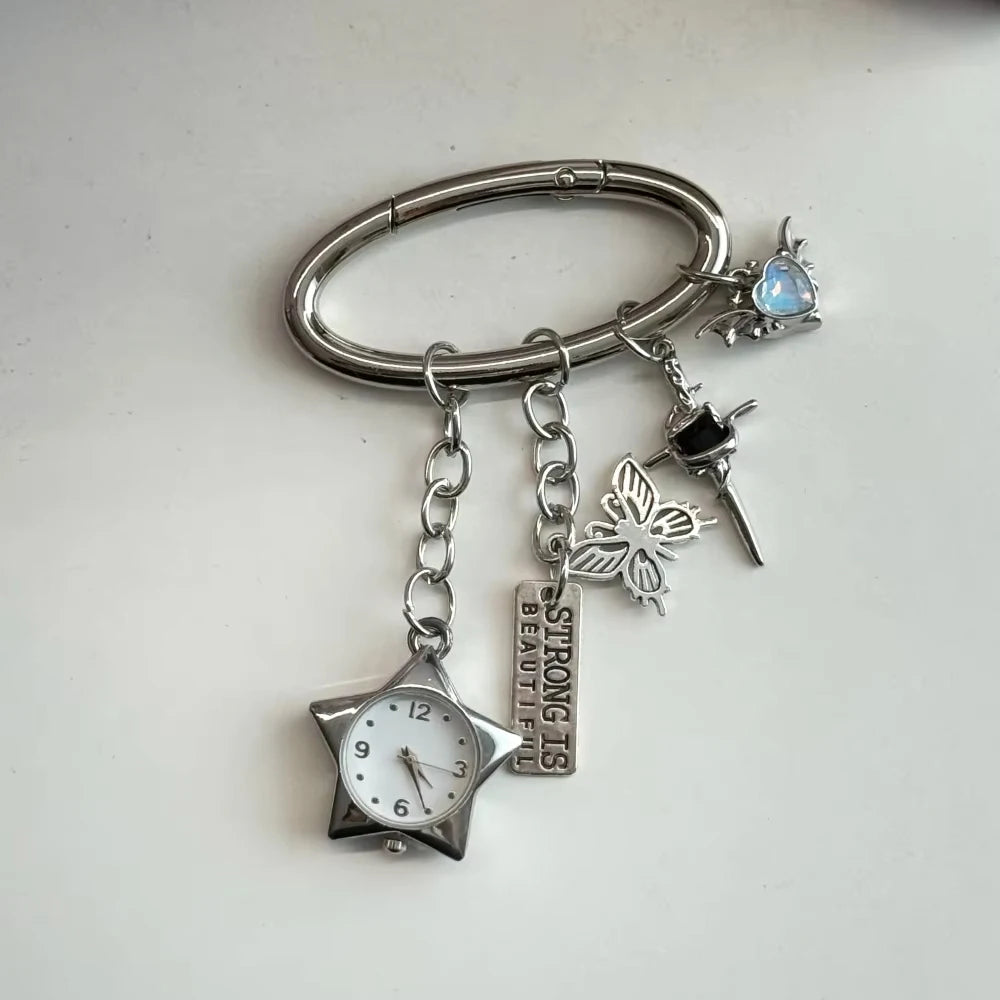 Heart Watch Bag Charm | Functional Clock Keychain | Purse & Backpack Charm with Heart, Key & Crystal Accents