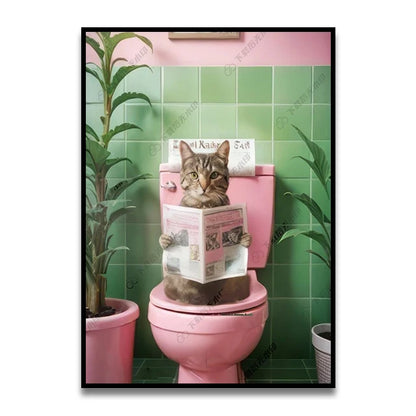 Bathroom Cat Reading on Toilet Canvas Wall Art Print Poster Funny Animal Decor Painting Home Room Decor Gift Unframed