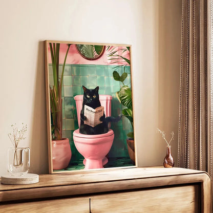 Bathroom Cat Reading on Toilet Canvas Wall Art Print Poster Funny Animal Decor Painting Home Room Decor Gift Unframed