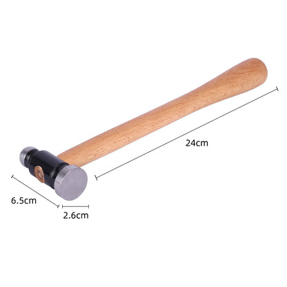 Jewelry hammer with wooden handle and metal head, shown with measurements on a white background