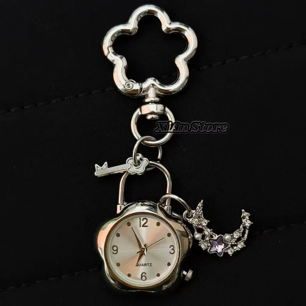 Heart Watch Bag Charm | Functional Clock Keychain | Purse & Backpack Charm with Heart, Key & Crystal Accents