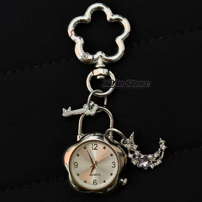 Heart Watch Bag Charm | Functional Clock Keychain | Purse & Backpack Charm with Heart, Key & Crystal Accents