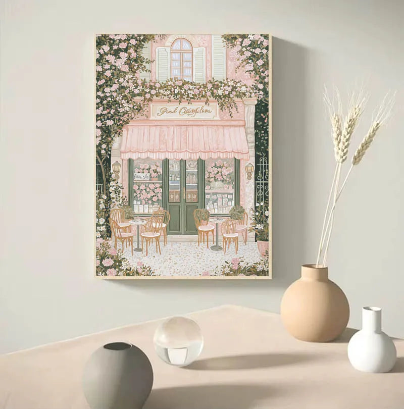1pc Modern Cityscape Travel Mural Pink Flowers Nature Landscape Buildings Art Poster European City Mural Unframed Home Decor
