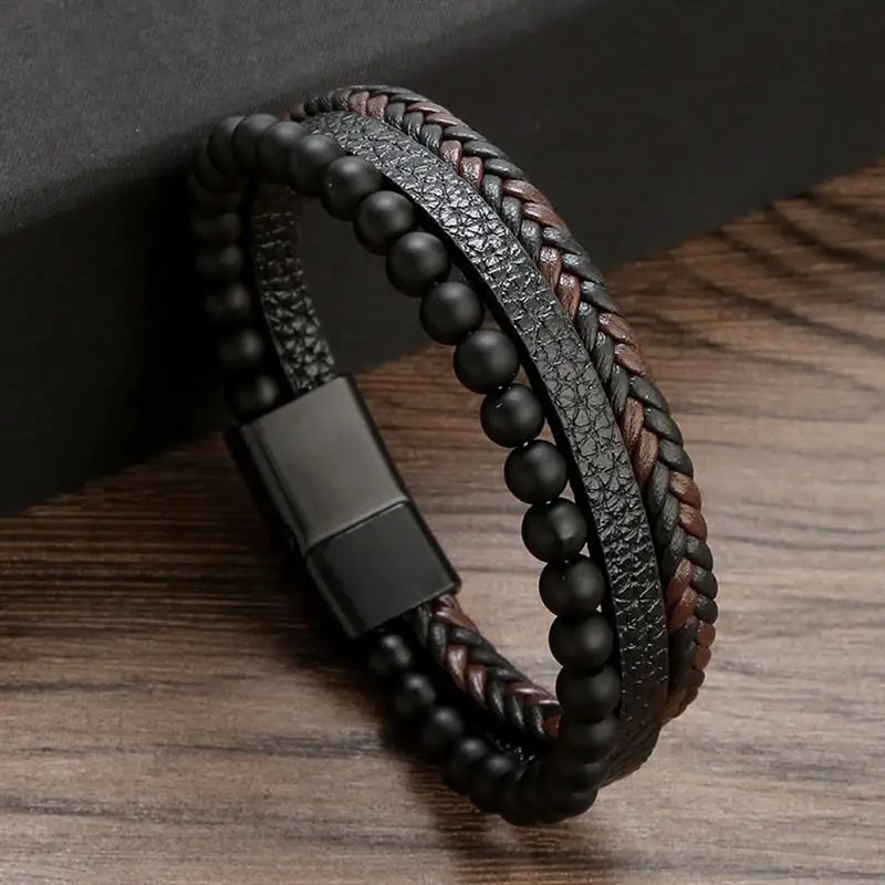 Men’s Multilayer Leather Bracelet | Handwoven Design with Magnetic Alloy Clasp