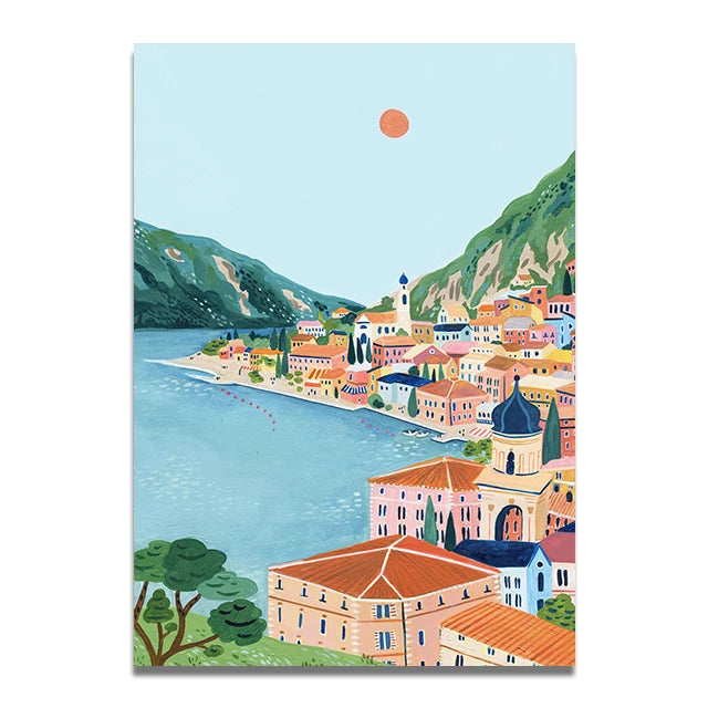Santorini Lisbon Canvas Wall Art Print Poster Lake Como Central Park Decorative Painting Travel Mural Home Decor Gift Unframed