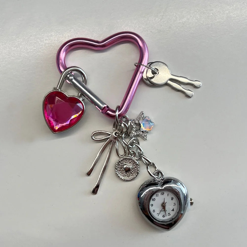 Heart Watch Bag Charm | Functional Clock Keychain | Purse & Backpack Charm with Heart, Key & Crystal Accents