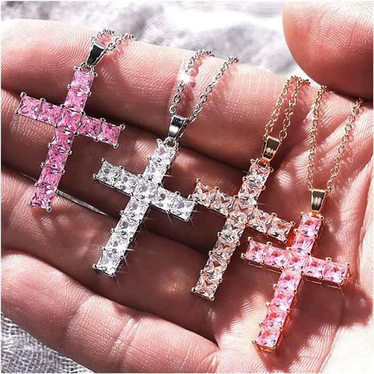 Jesus Cross Necklace | Gold Crystal Cross Pendant for Women | Christian Faith Jewelry Gift