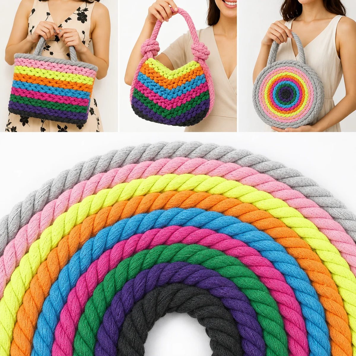 A collage showing three women holding crocheted rope handbags in different colorful designs, with a large close-up of a rainbow-striped rope bag at the bottom on a white background.