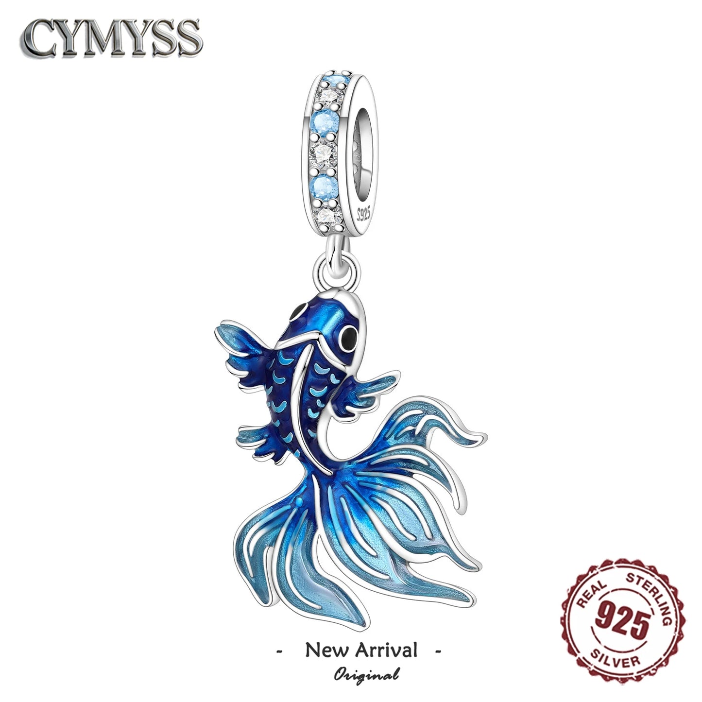 Blue betta fish-shaped pendant with clear stones on a white background, featuring the brand 'CYMYSS'.