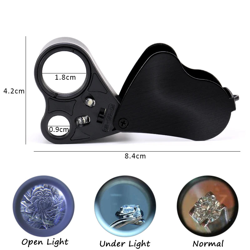 Black jewelry magnifier with measurements and light effects on a white background