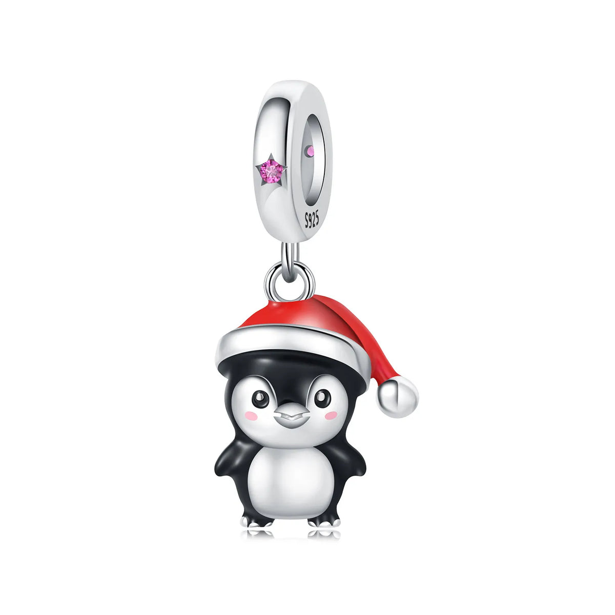A sterling silver charm featuring a cute penguin wearing a red Santa hat, with a pink star and pink heart detail on the silver ring above, shown on a plain white background.