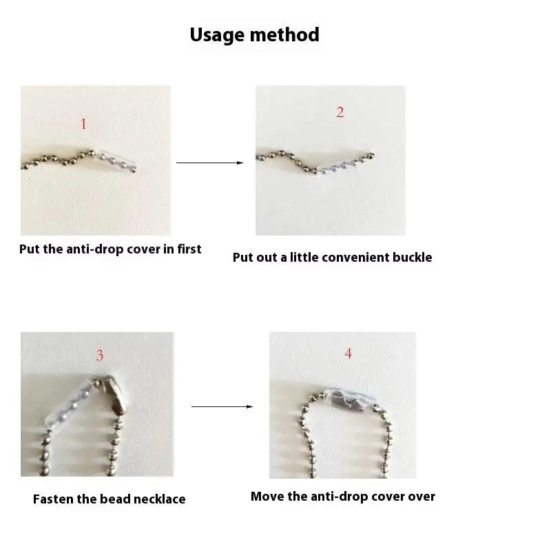 Instructional diagram titled 'Usage method' showing four numbered steps for attaching a silver bead necklace to a white anti-drop cover, with arrows and short text instructions.