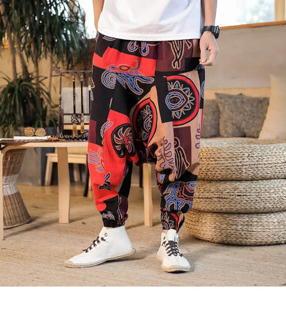 Men Harem Pants Print Retro Drop Crotch Joggers Trousers Men Baggy Loose Nepal Style Men Casual Pants M-5Xl