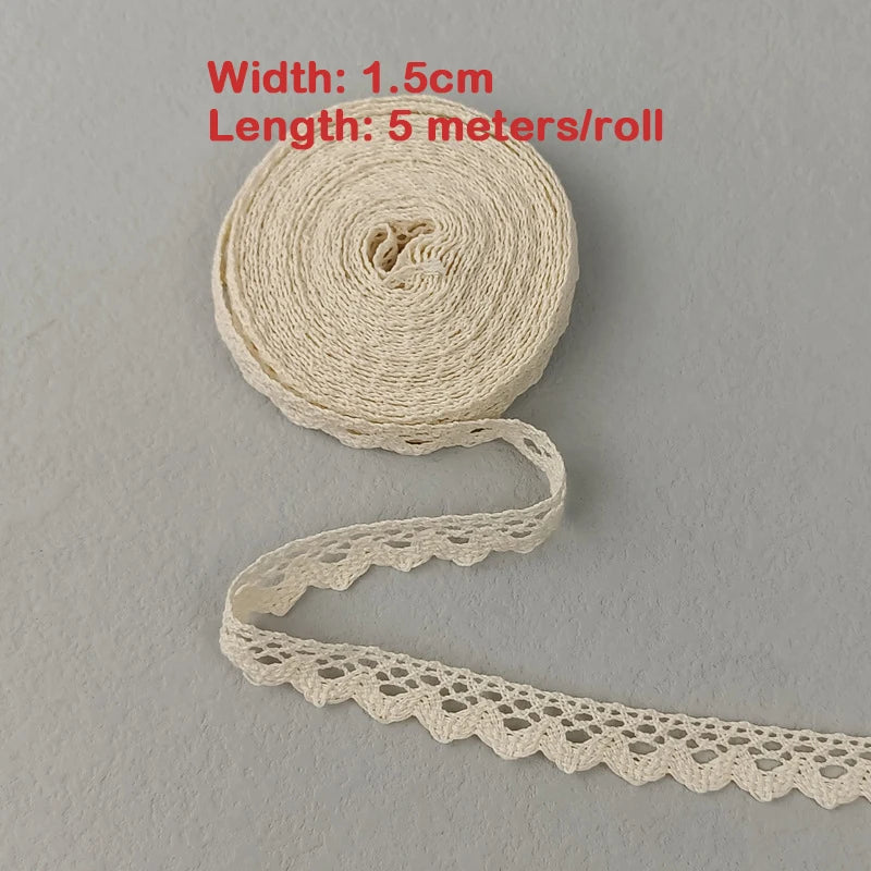Roll of beige lace trim with text indicating width and length on a gray background