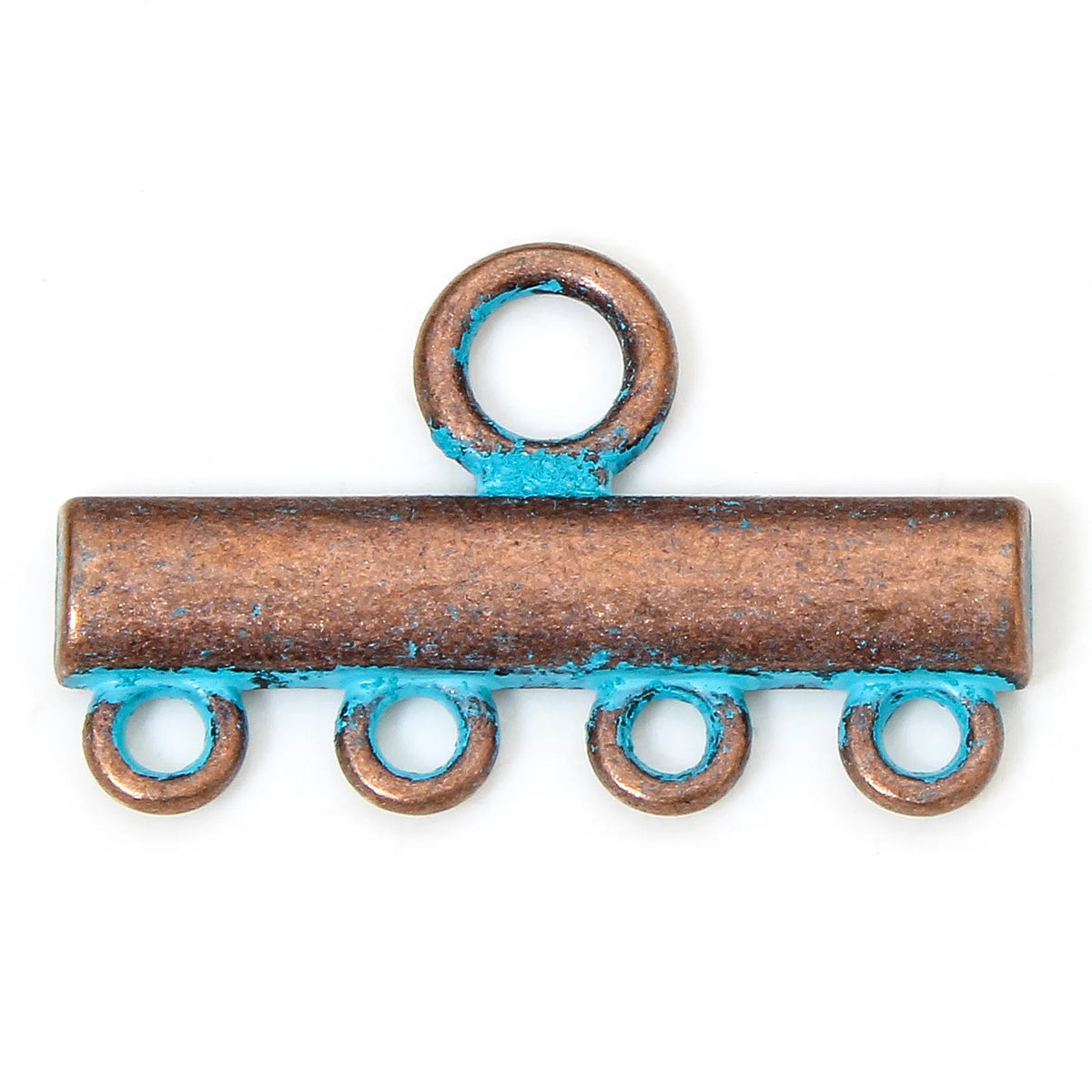 A copper-toned metal connector piece with a top loop and four bottom loops, featuring a distressed turquoise blue patina on a white background.