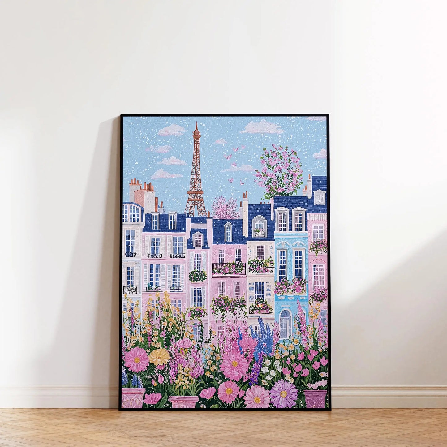 1pc Modern Cityscape Travel Mural Pink Flowers Nature Landscape Buildings Art Poster European City Mural Unframed Home Decor