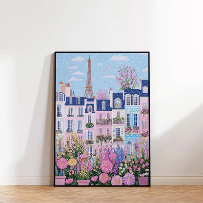 1pc Modern Cityscape Travel Mural Pink Flowers Nature Landscape Buildings Art Poster European City Mural Unframed Home Decor