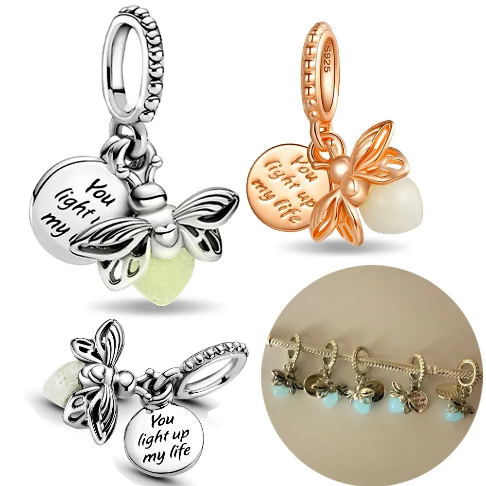 Luminous Firefly Charm Bead | 925 Sterling Silver Pendant | Fits Pandora Style Bracelets | Nature Jewelry Gift for Her