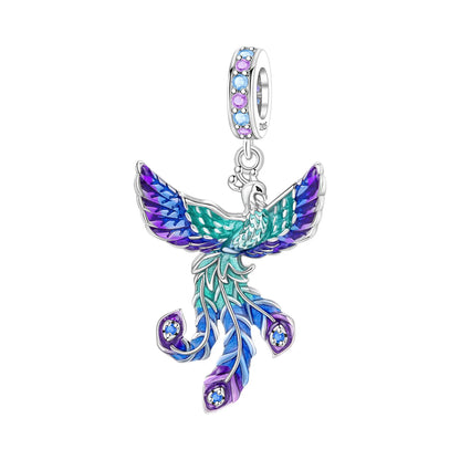 Colorful bird-shaped charm on a white background