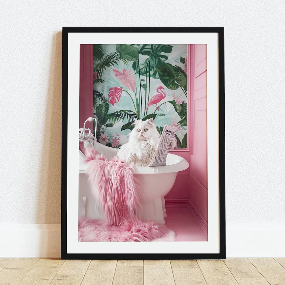 Bathroom Cat Reading on Toilet Canvas Wall Art Print Poster Funny Animal Decor Painting Home Room Decor Gift Unframed