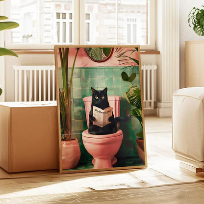 Bathroom Cat Reading on Toilet Canvas Wall Art Print Poster Funny Animal Decor Painting Home Room Decor Gift Unframed