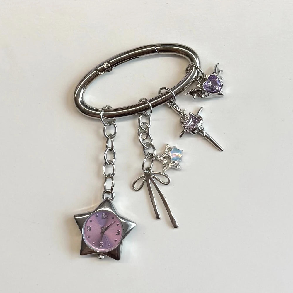 Heart Watch Bag Charm | Functional Clock Keychain | Purse & Backpack Charm with Heart, Key & Crystal Accents