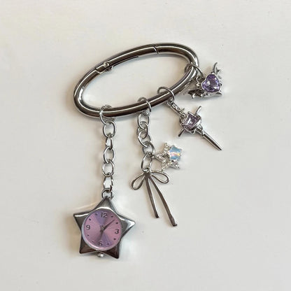 Heart Watch Bag Charm | Functional Clock Keychain | Purse & Backpack Charm with Heart, Key & Crystal Accents
