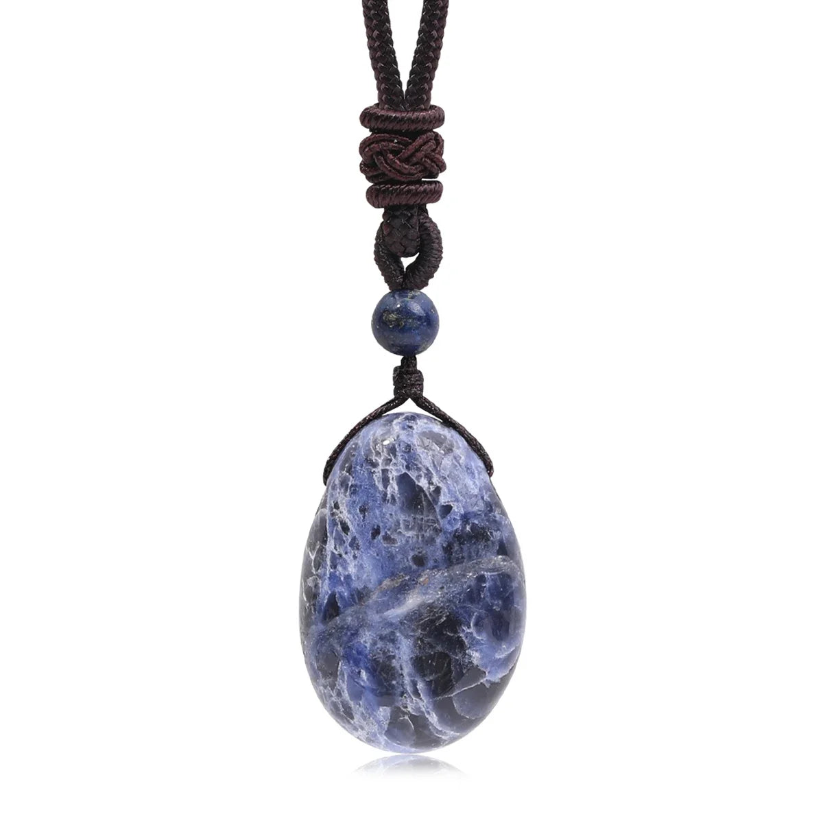 Blue stone pendant on a black cord against a white background