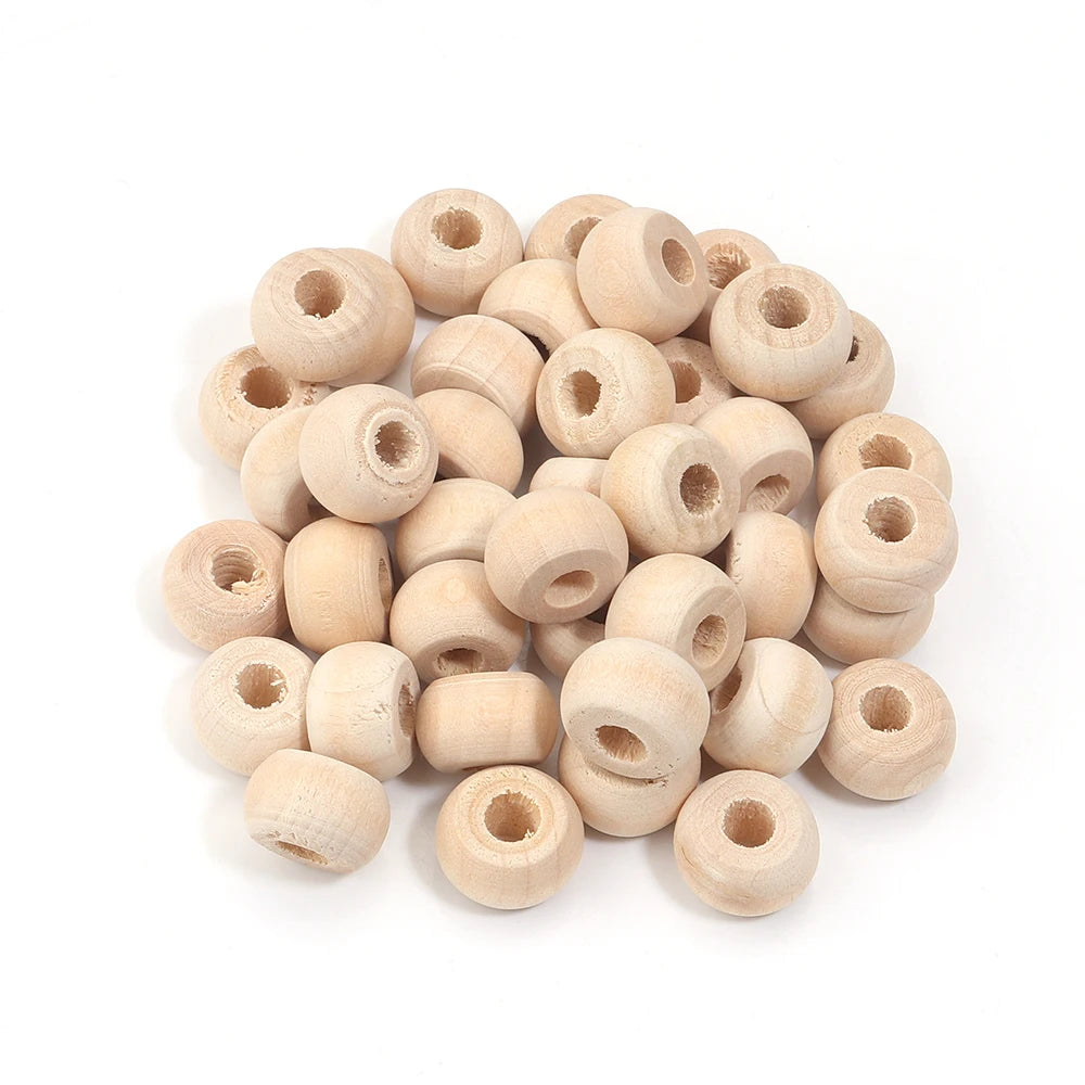 Stack of wooden beads on a white background