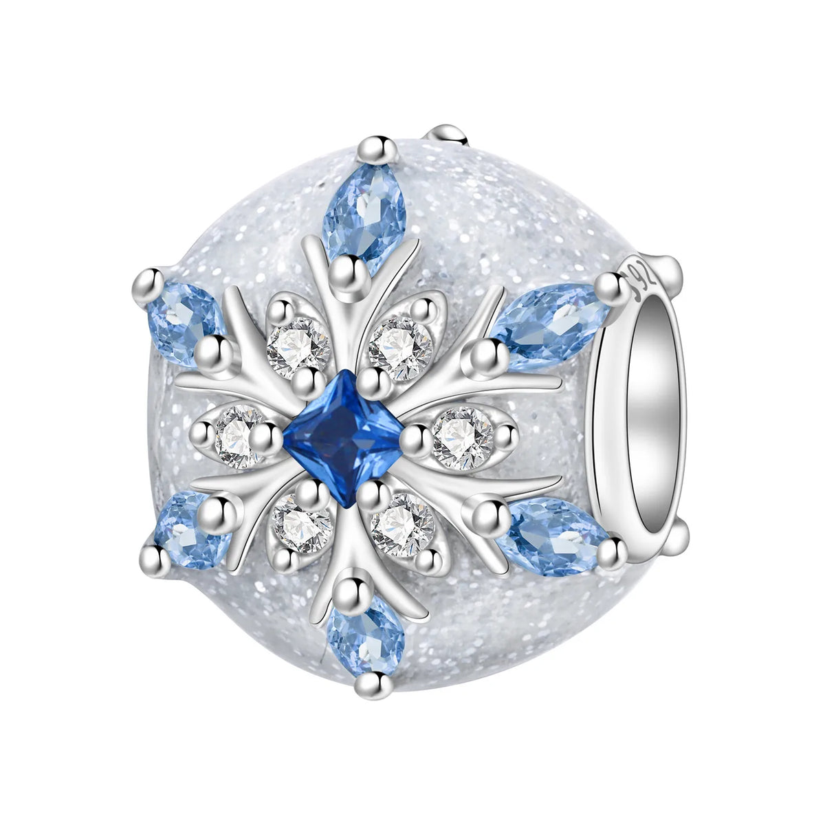 A round silver charm bead featuring a snowflake design with a central blue gemstone, surrounded by clear rhinestones and light blue marquise-cut gemstones on a glittery white background.